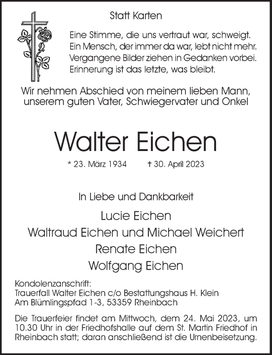 Anzeige von Walter Eichen von  Schaufenster/Blickpunkt 