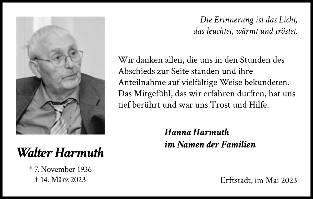  Traueranzeige für Walter Harmuth vom 13.05.2023 aus Kölner Stadt-Anzeiger / Kölnische Rundschau / Express