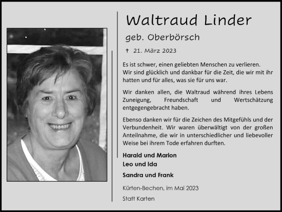 Anzeige von Waltraud Linder von  Bergisches Handelsblatt 