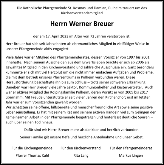 Anzeige von Werner Breuer von  Wochenende 