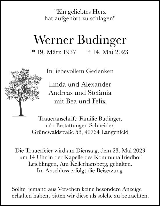 Anzeige von Werner Budinger von Kölner Stadt-Anzeiger / Kölnische Rundschau / Express