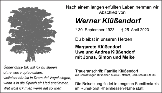 Anzeige von Werner Klüßendorf von  Werbepost 