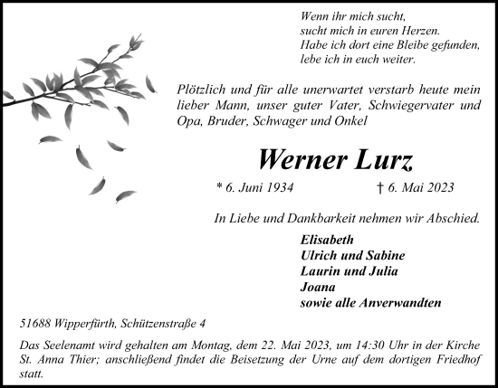Anzeige von Werner Lurz von Kölner Stadt-Anzeiger / Kölnische Rundschau / Express