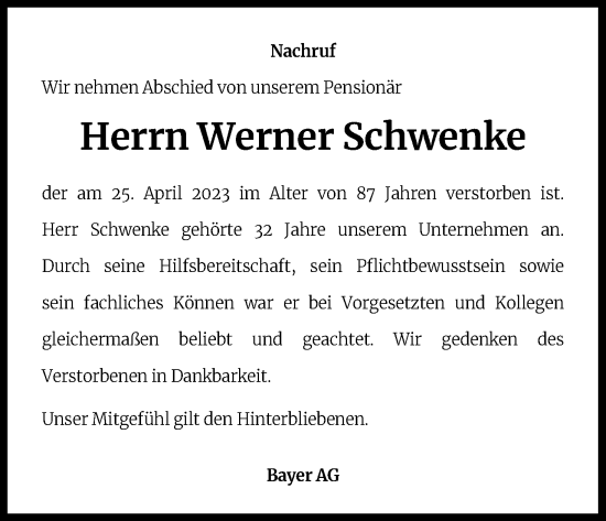 Anzeige von Werner Schwenke von Kölner Stadt-Anzeiger / Kölnische Rundschau / Express