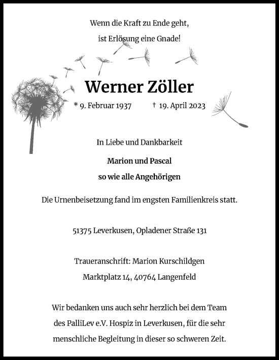 Anzeige von Werner Zöller von Kölner Stadt-Anzeiger / Kölnische Rundschau / Express