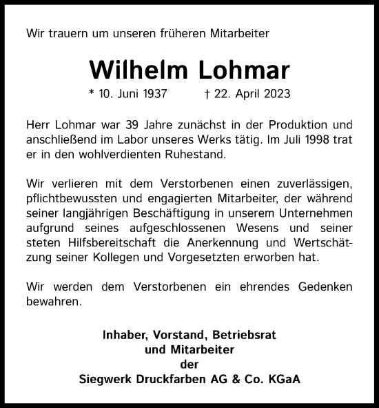 Anzeige von Wilhelm Lohmar von Kölner Stadt-Anzeiger / Kölnische Rundschau / Express