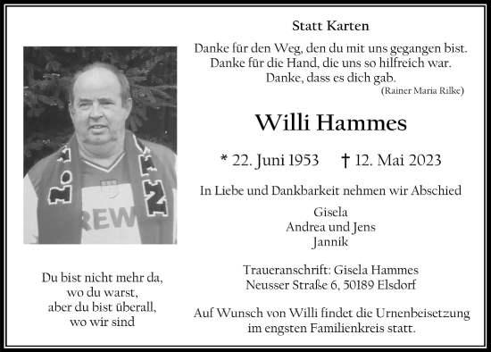 Anzeige von Willi Hammes von  Werbepost 