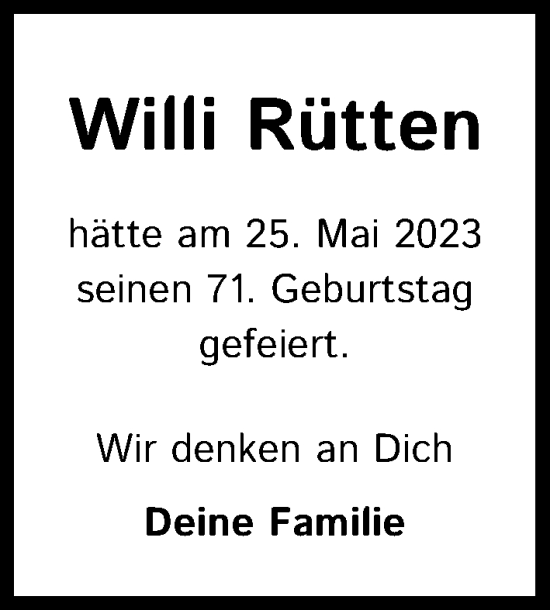 Anzeige von Willi Rütten von Kölner Stadt-Anzeiger / Kölnische Rundschau / Express