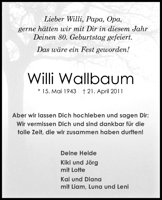 Anzeige von Willi Wallbaum von Kölner Stadt-Anzeiger / Kölnische Rundschau / Express