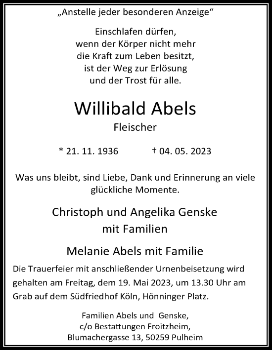 Anzeige von Willibald Abels von Kölner Stadt-Anzeiger / Kölnische Rundschau / Express