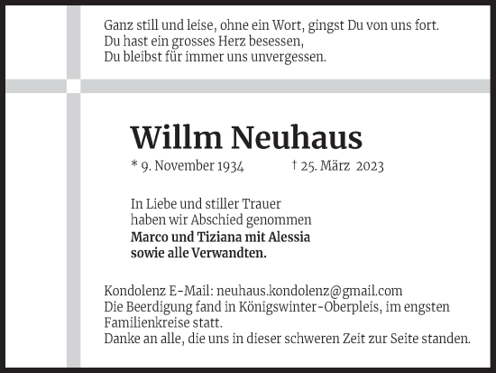 Anzeige von Willm Neuhaus von Kölner Stadt-Anzeiger / Kölnische Rundschau / Express