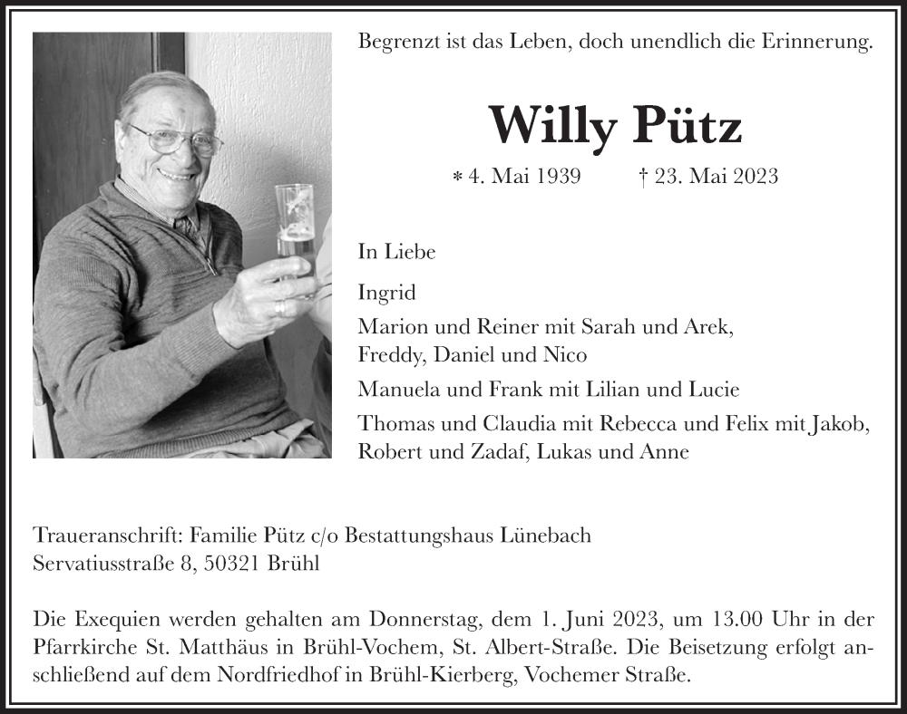  Traueranzeige für Willy Pütz vom 26.05.2023 aus  Schlossbote/Werbekurier 