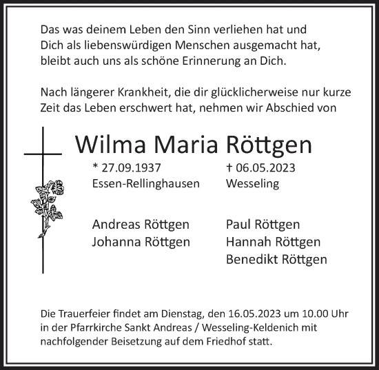 Anzeige von Wilma Maria Röttgen von  Schlossbote/Werbekurier 
