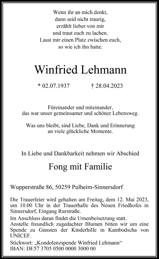 Anzeige von Winfried Lehmann von  Wochenende 