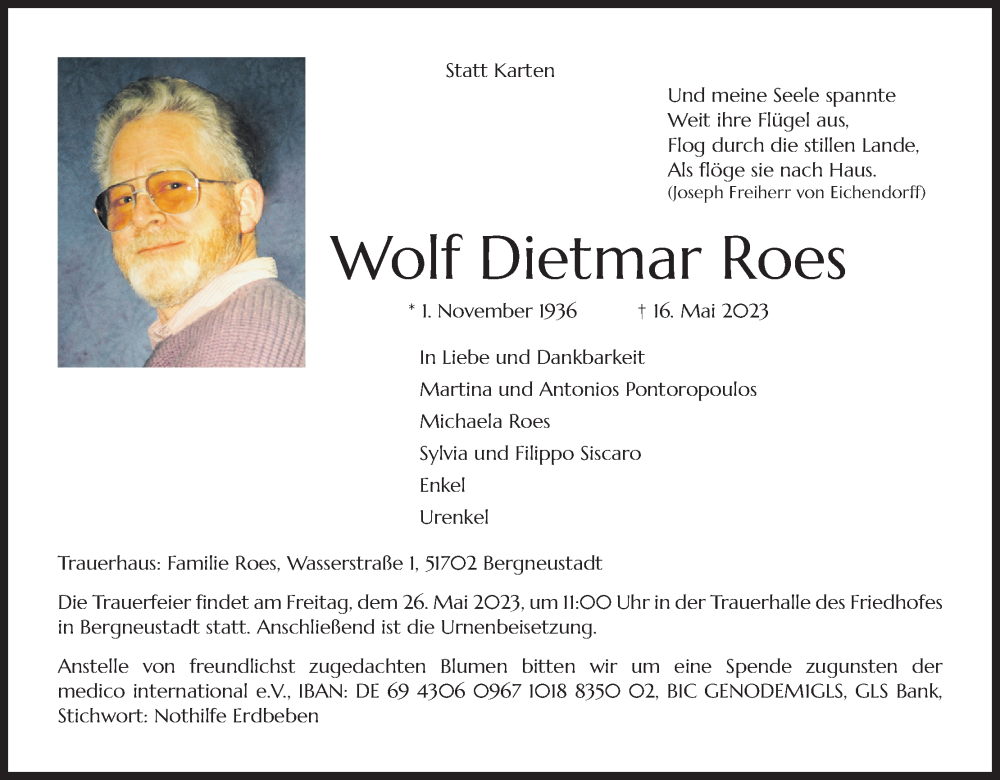  Traueranzeige für Wolf Dietmar Roes vom 20.05.2023 aus Kölner Stadt-Anzeiger / Kölnische Rundschau / Express