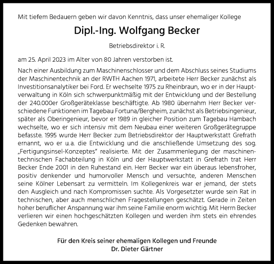 Anzeige von Wolfgang Becker von Kölner Stadt-Anzeiger / Kölnische Rundschau / Express