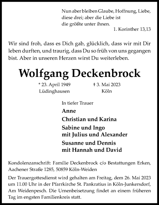 Anzeige von Wolfgang Deckenbrock von Kölner Stadt-Anzeiger / Kölnische Rundschau / Express