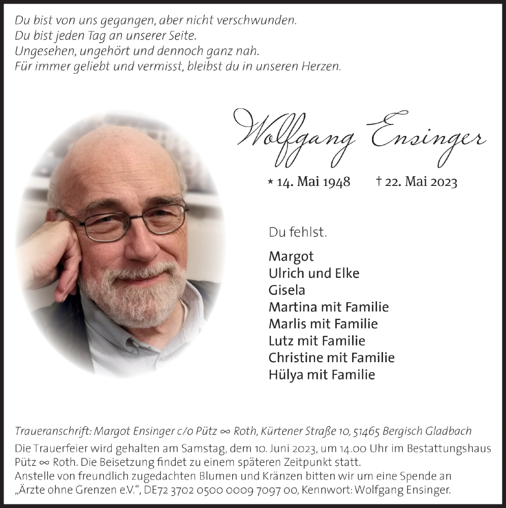  Traueranzeige für Wolfgang Ensinger vom 26.05.2023 aus  Bergisches Handelsblatt 