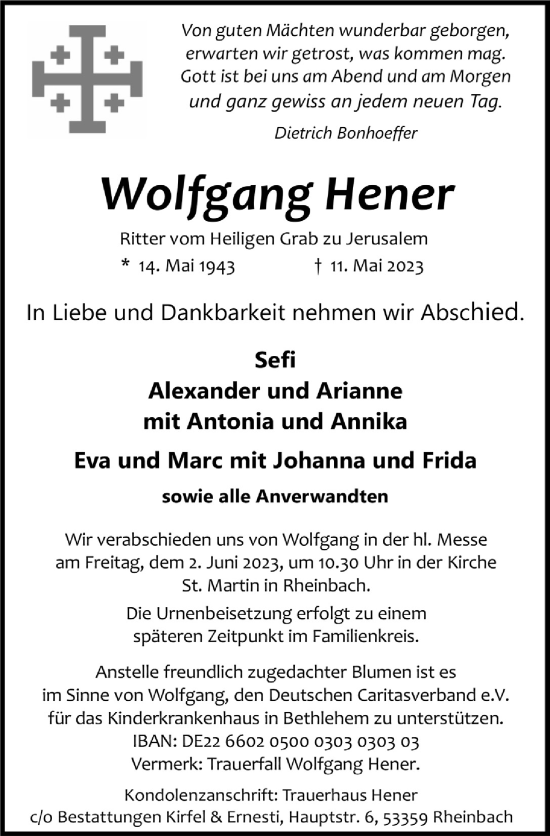 Anzeige von Wolfgang Hener von  Schaufenster/Blickpunkt 