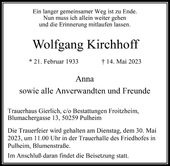 Anzeige von Wolfgang Kirchhoff von  Wochenende 