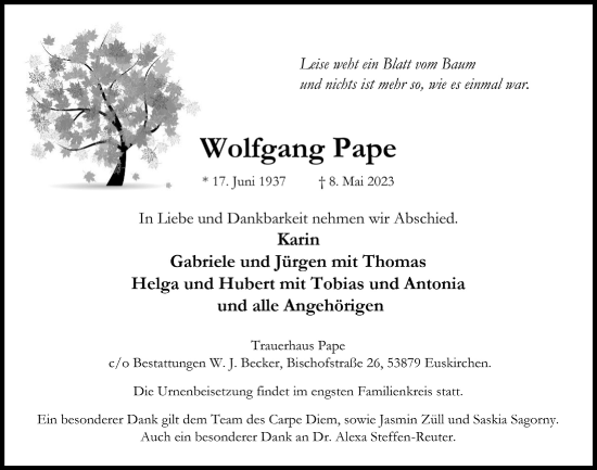 Anzeige von Wolfgang Pape von  Blickpunkt Euskirchen 
