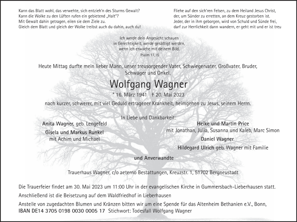 Traueranzeige für Wolfgang Wagner vom 26.05.2023 aus  Anzeigen Echo 
