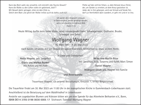 Anzeige von Wolfgang Wagner von  Anzeigen Echo 