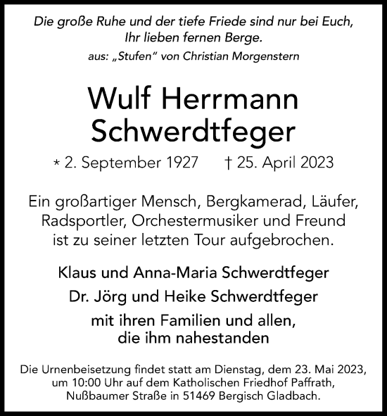 Anzeige von Wulf Herrmann Schwerdtfeger von Kölner Stadt-Anzeiger / Kölnische Rundschau / Express