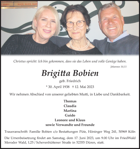 Anzeige von Brigitta Bobien von Kölner Stadt-Anzeiger / Kölnische Rundschau / Express