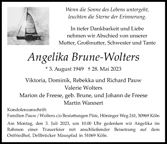 Anzeige von Angelika Brune-Wolters von Kölner Stadt-Anzeiger / Kölnische Rundschau / Express