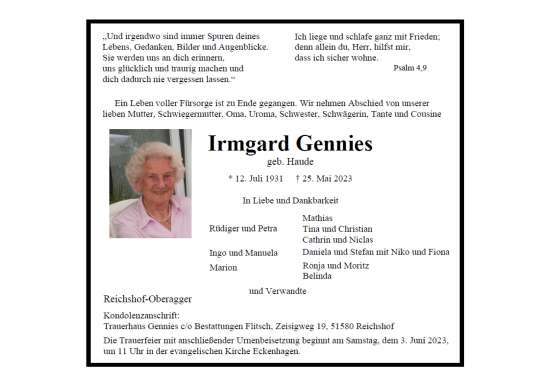 Anzeige von Irmgard Gennies von Kölner Stadt-Anzeiger / Kölnische Rundschau / Express