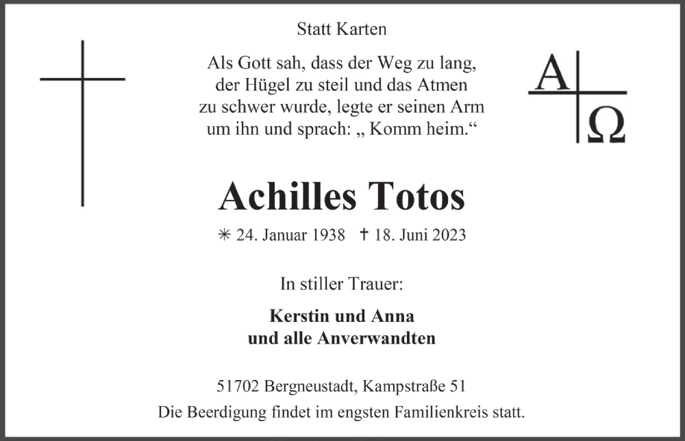  Traueranzeige für Achilles Totos vom 23.06.2023 aus  Anzeigen Echo 
