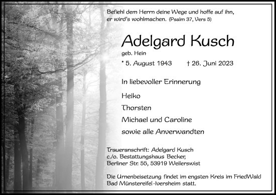 Anzeige von Adelgard Kusch von Kölner Stadt-Anzeiger / Kölnische Rundschau / Express