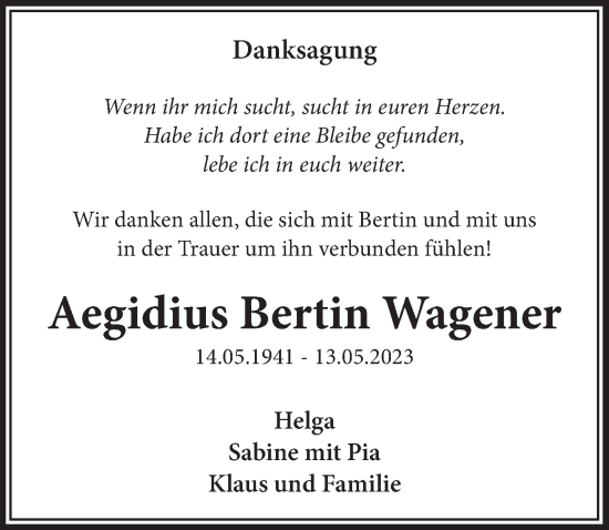 Anzeige von Aegidius Bertin Wagener von  Lokalanzeiger 