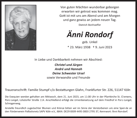 Anzeige von Änni Rondorf von  EXPRESS - Die Woche 