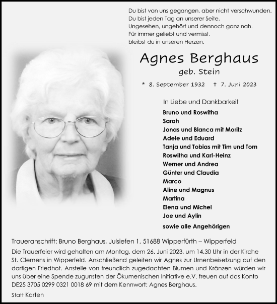 Anzeige von Agnes Berghaus von Kölner Stadt-Anzeiger / Kölnische Rundschau / Express