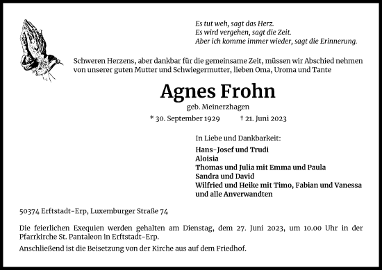 Anzeige von Agnes Frohn von Kölner Stadt-Anzeiger / Kölnische Rundschau / Express