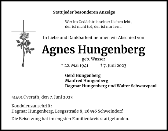 Anzeige von Agnes Hungenberg von Kölner Stadt-Anzeiger / Kölnische Rundschau / Express