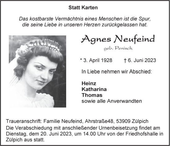 Anzeige von Agnes Neufeind von  Blickpunkt Euskirchen 