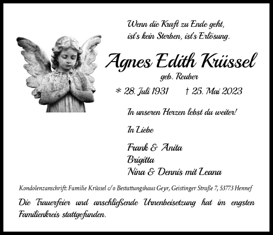 Anzeige von Agnes Edith Krüssel von Kölner Stadt-Anzeiger / Kölnische Rundschau / Express