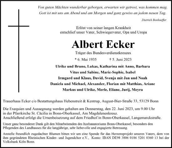 Anzeige von Albert Ecker von  Schaufenster/Blickpunkt 