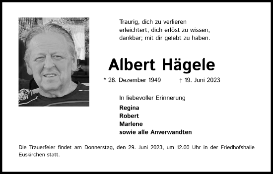 Anzeige von Albert Hägele von Kölner Stadt-Anzeiger / Kölnische Rundschau / Express