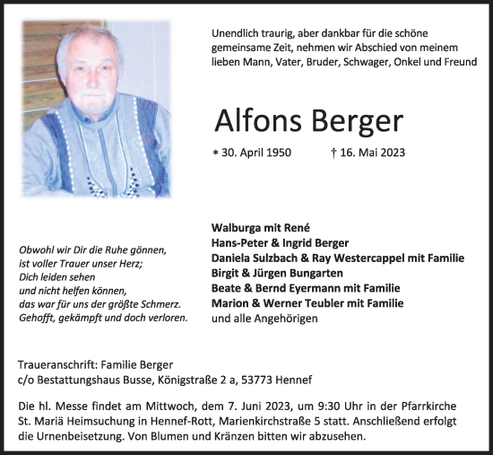 Anzeige von Alfons Berger von Kölner Stadt-Anzeiger / Kölnische Rundschau / Express