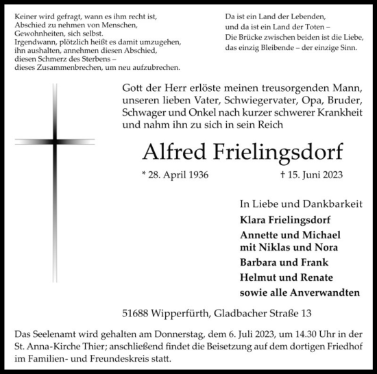 Anzeige von Alfred Frielingsdorf von Kölner Stadt-Anzeiger / Kölnische Rundschau / Express