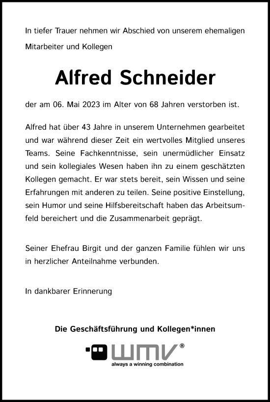 Anzeige von Alfred Schneider von Kölner Stadt-Anzeiger / Kölnische Rundschau / Express