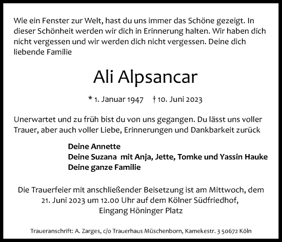 Anzeige von Ali Alpsancar von Kölner Stadt-Anzeiger / Kölnische Rundschau / Express