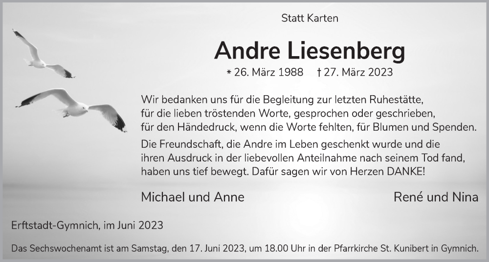  Traueranzeige für Andre Liesenberg vom 09.06.2023 aus  Werbepost 