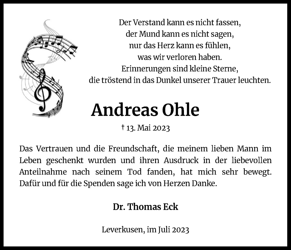  Traueranzeige für Andreas Ohle vom 01.07.2023 aus Kölner Stadt-Anzeiger / Kölnische Rundschau / Express