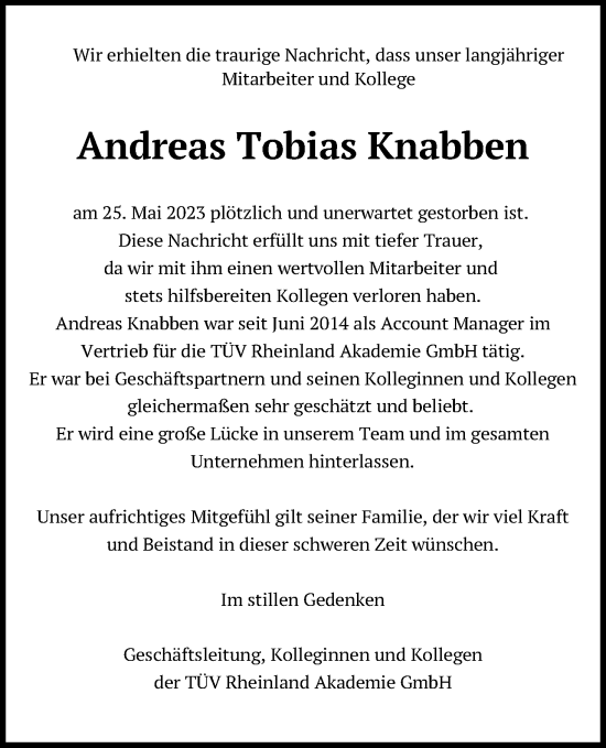 Anzeige von Andreas Tobias Knabben von Kölner Stadt-Anzeiger / Kölnische Rundschau / Express