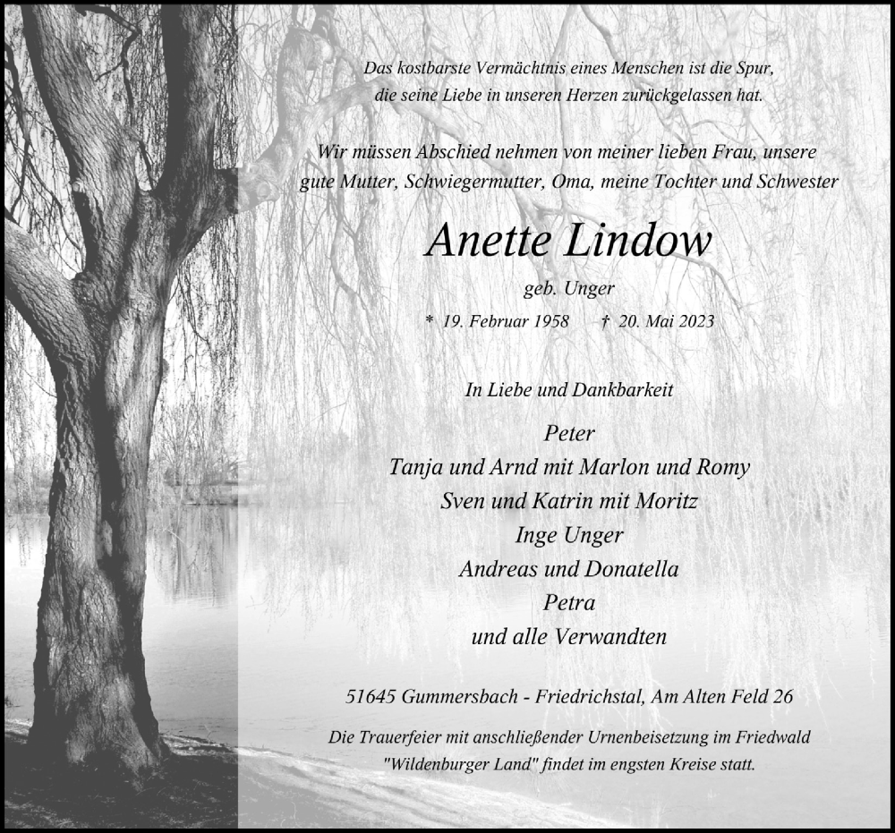  Traueranzeige für Anette Lindow vom 02.06.2023 aus  Anzeigen Echo 